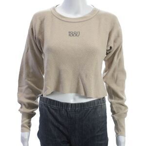 Riley Womens Cropped T-Shirt Beige Cotton Long Sleeve Size S